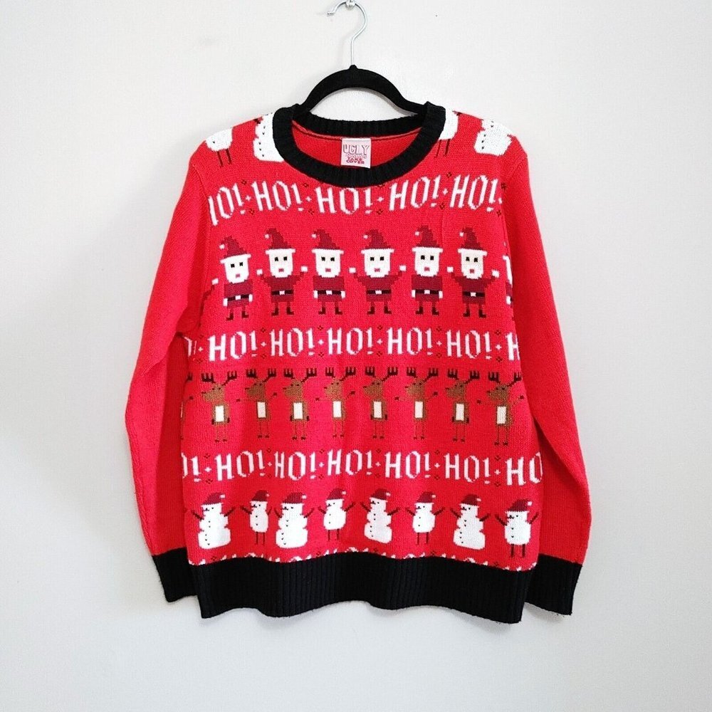 Ugly X-Mas Take Over Womens Red Sweater Size  Large Santa Reindeers Snowmen